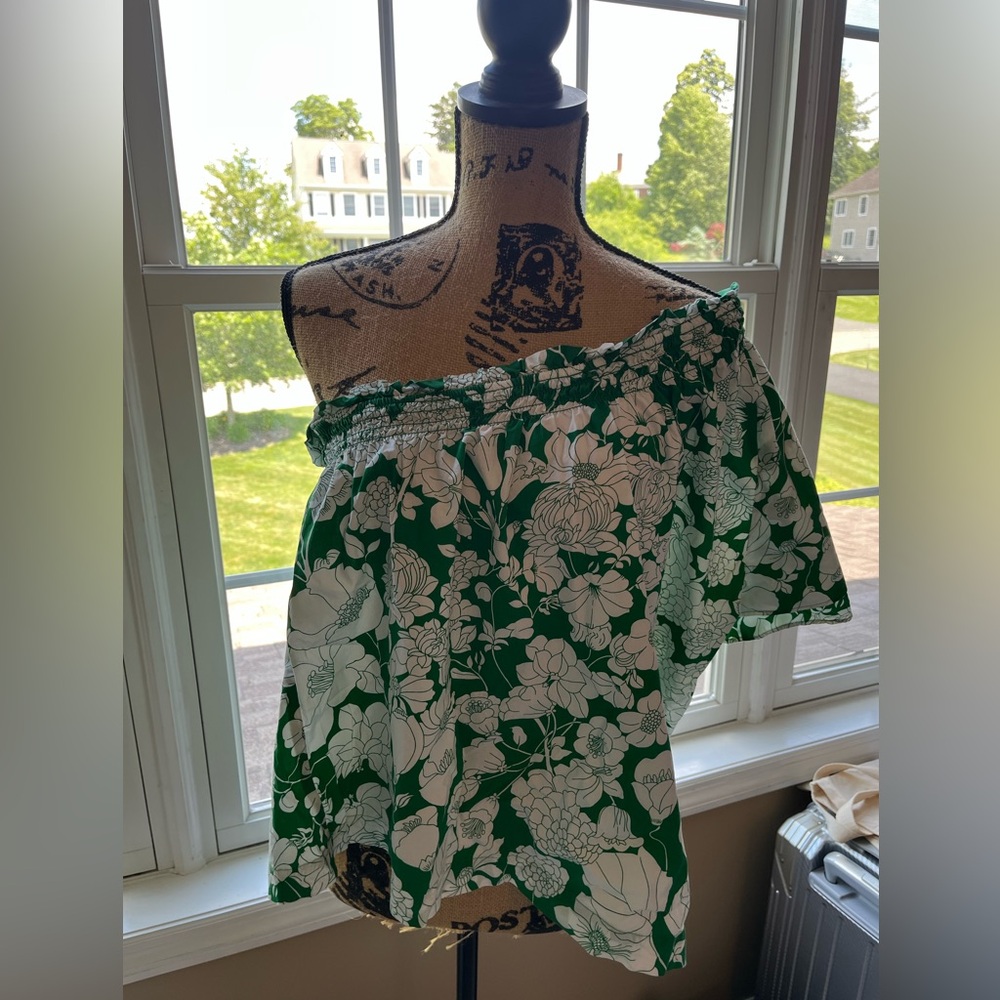J. Crew Green Floral one shoulder Off-Shoulder Top
